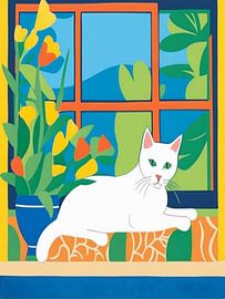 Chat blanc à la fenêtre Style Henri Matisse