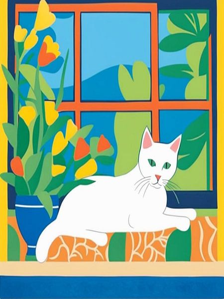 Witte kat in raamstijl Henri Matisse van TOAN TRAN