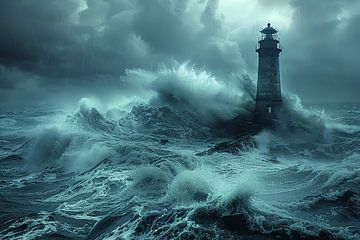 Dramatic lighthouse in the sea on a stormy night by Felix Brönnimann