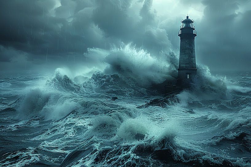 Dramatic lighthouse in the sea on a stormy night by Poster Art Shop
