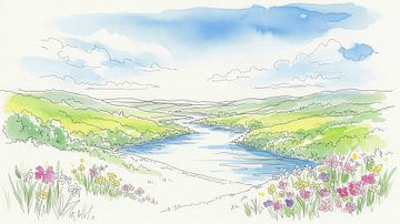Watercolor Landscape with River, Hills, and Flowers by Markus Gann