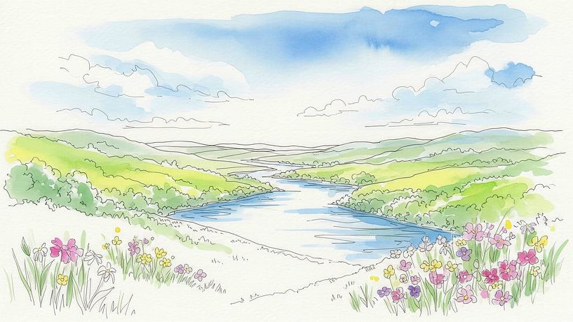 Aquarell-Landschaft mit Fluss, Hügeln und Blumen von Markus Gann