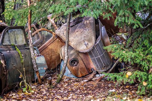 Roestige erfenissen in het bos - autokerkhof in Zweden