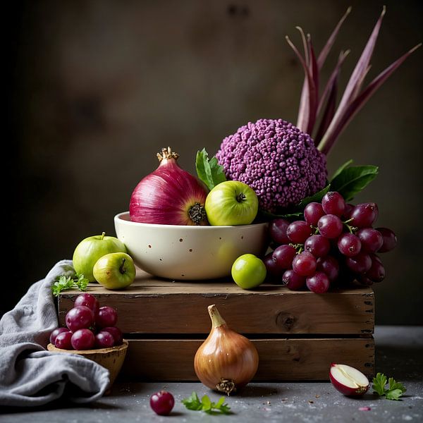 Purple &amp; Green - Klassisches Gemüsestillleben mit Trauben und Zwiebeln von Kleurenrijk