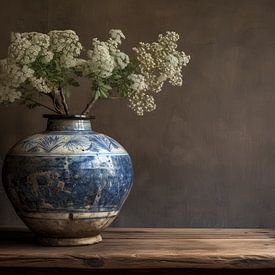 Still life blue vase with white flowers by Digitale Schilderijen