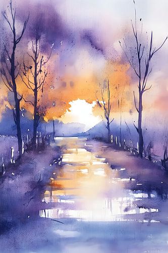 Aquarel Schilderij | Paars Schilderij | Herfst Schilderij | Bos Schilderij