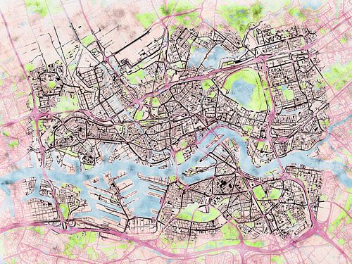 Kaart van Rotterdam in de stijl 'Soothing Spring'