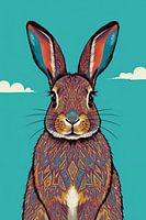 Portrait de lapin à motifs sur fond bleu
