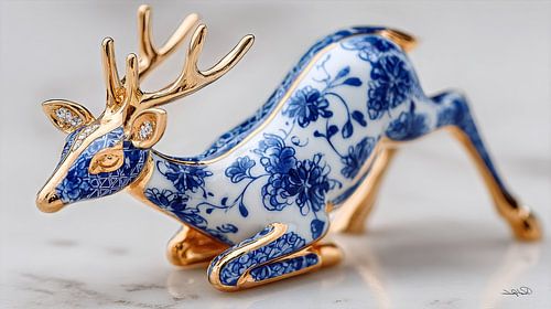 giraffe in delfts blauw en goud op een wit marmeren achtergrond