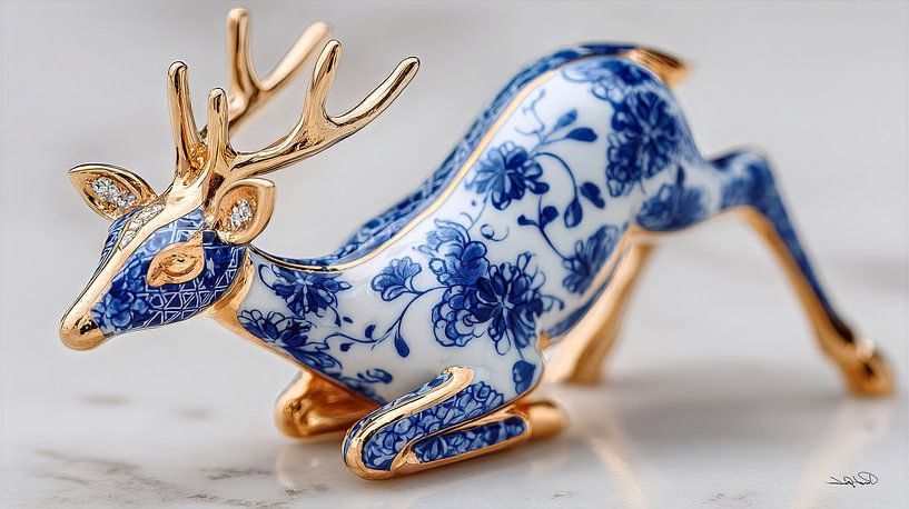 giraffe in delfts blauw en goud op een wit marmeren achtergrond van Gelissen Artworks