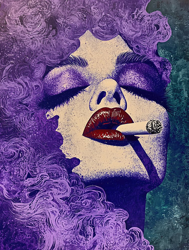 Violet Velvet Smoke – Decadent Portrait of a Woman in Purple Oil Paint with Plaster Texture