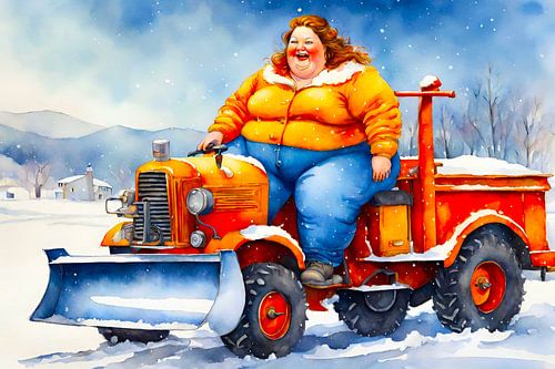 Cosy lady on the snow plough by De gezellige Dames