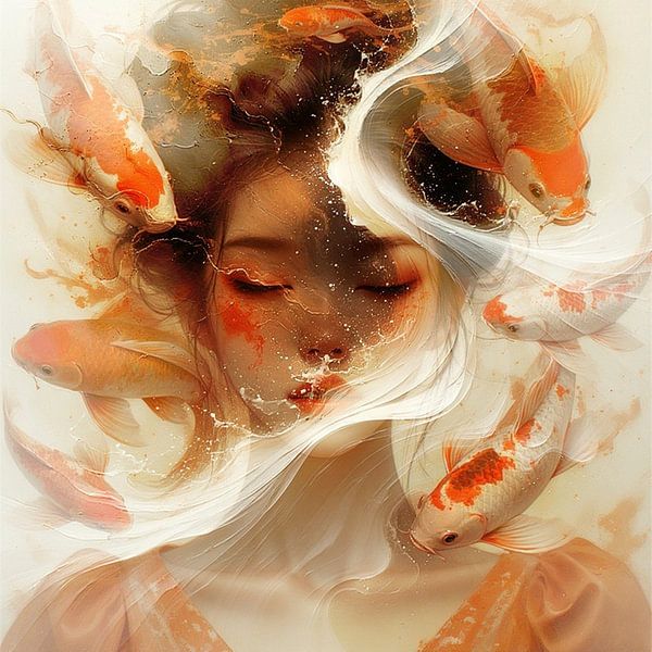 a portrait of a young woman with japanese koi masters. by J.a Dijkstra