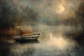 Abandoned Rowboat in Misty Lake with Warm Light by BowiScapes - Fine Art and Urban Wall Art