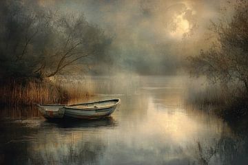 Verlassenes Ruderboot im nebligen See mit warmem Licht von BowiScapes – Landschaftskunst