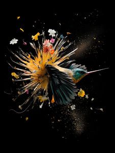 Kolibri in einer Explosion von Blumen, Farben und Federn