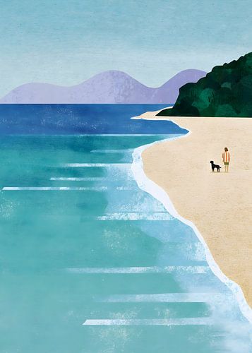 Une personne et un chien sur une plage tranquille