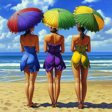 Women with umbrellas on the beach by Jan Bechtum