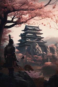 Samurai | paysage avec château et arbres en fleurs 1 sur Digitale Schilderijen