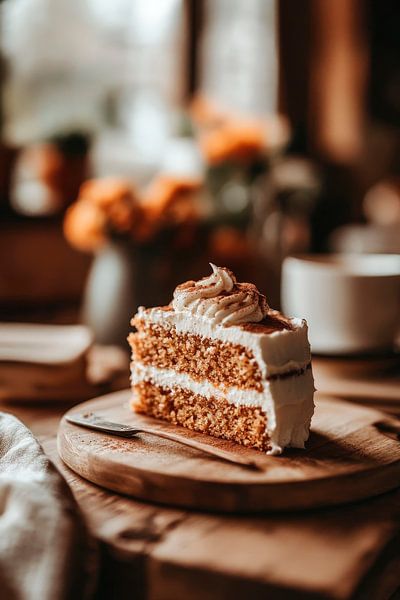 Saftiges Stück Kuchen auf Holzbrett von Poster Art Shop