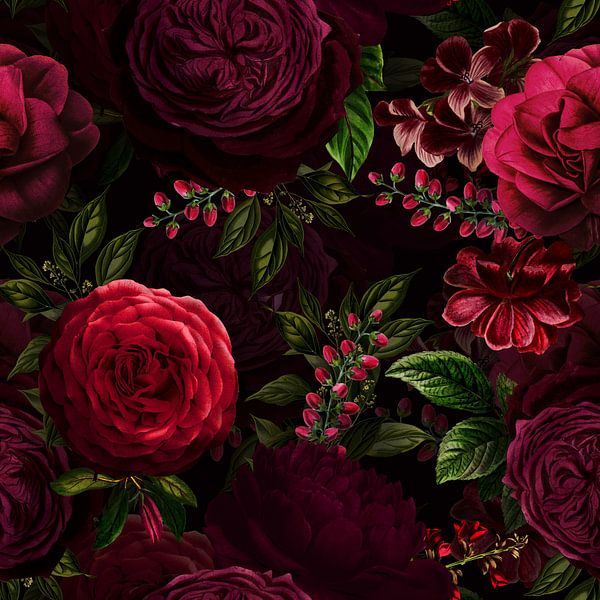 Burgundy Moody Florals Seamless Pattern Wallpaper by Floral Abstractions