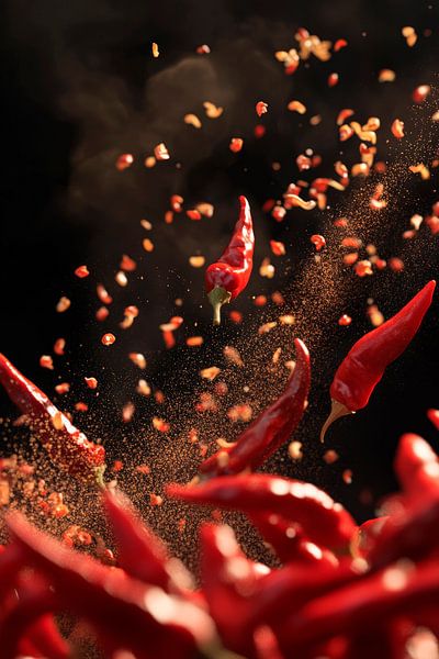 Floating chilli peppers in the spice dance by Poster Art Shop