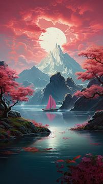 Prachtig rustig landschap met water en bootje van Art Bizarre