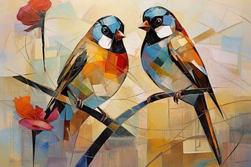 Geometric Finches Duo | Finches Artwork by Blikvanger Schilderijen