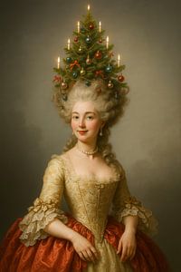Rokoko-Weihnachtsporträt einer Dame mit Weihnachtsbaumfrisur und elegantem Kleid