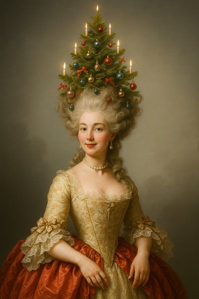 Rokoko-Weihnachtsporträt einer Dame mit Weihnachtsbaumfrisur und elegantem Kleid von But First Framing