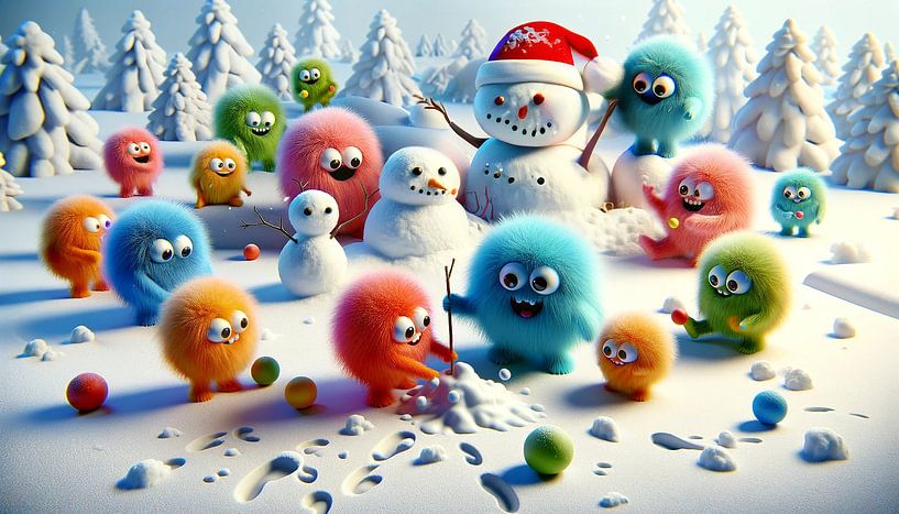 Colourful gang of monsters experience winter wonderland fun by artefacti