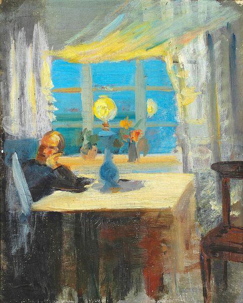 Anna Ancher, Michael Ancher leest een krant in de woonkamer bij het noordelijke woonkamerraam, circa 1887 van Atelier Liesjes