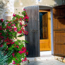 Malerische Haustür auf Mallorca von roten Blüten umrankt von Hans-Heinrich Runge