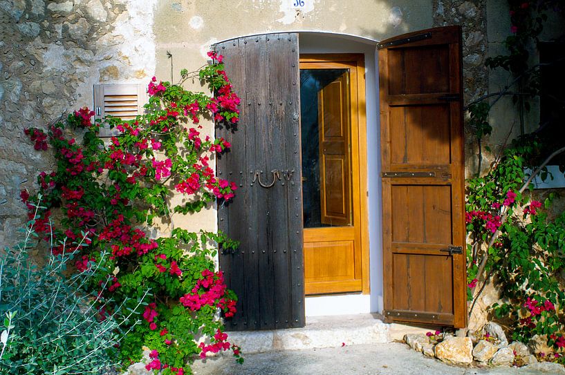Malerische Haustür auf Mallorca von roten Blüten umrankt von Hans-Heinrich Runge