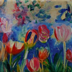 Tulips flirting with Dutch blue sky (inspired by Keukenhof) by Angelique van 't Riet