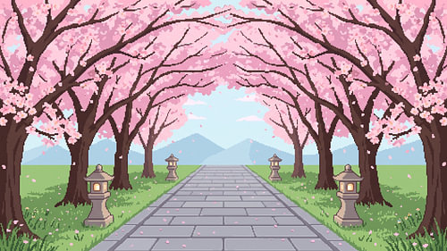 Pixel-Art-Pfad unter Kirschblüten im Frühling