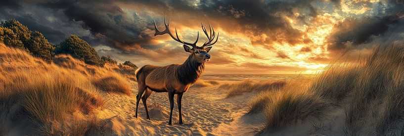 Un cerf sous un coucher de soleil pittoresque dans un paysage de dunes par Digitale Schilderijen