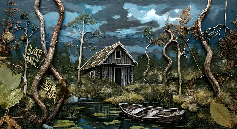 nordisches Sumpfgebiet, Haus mit Boot von Nick Wendt