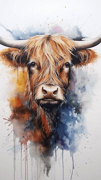 Schotse Highland koe met horens, aquarel olieverfschilderij ontwerp, verticaal van Animaflora PicsStock