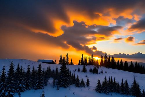 Sneeuwgloed in de zonsondergang