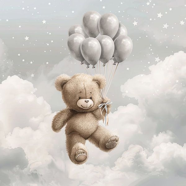 Vliegende beer met ballonnen van Poster Art Shop