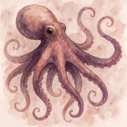Octopus with gracefully curled tentacles (AI) (pink, purple, nature, underwater, sea, ocean, animals) by Natalie Bruns