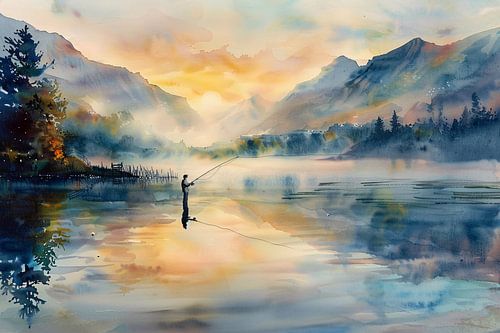 Vissersfiguur bij mistige bergmeer zonsopgang