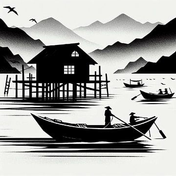 Chinese fishermen. Woodblock print by Ineke de Rijk