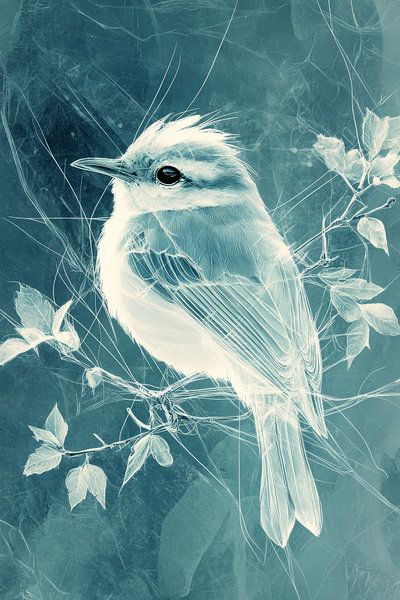 Ice blue Still Abstract Bird on Branch by Eva Lee