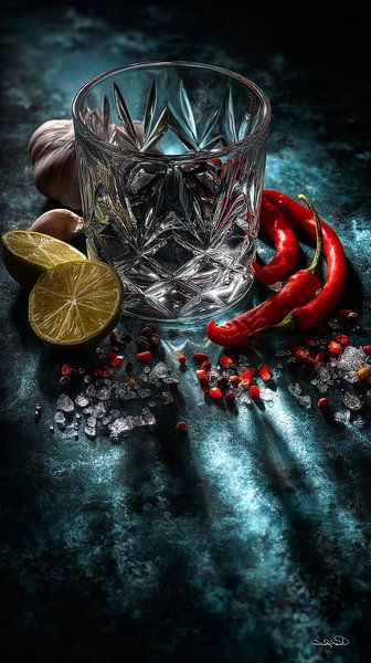 red peppers - garlic - lime - lemon on a black background with dramatic light by Gelissen Artworks