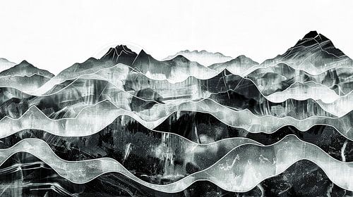 Abstract Berglandschap Muurkunst in zwartwit.