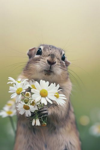 Cheerful animal with bouquet of flowers