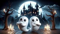 Spookduo in het maanlicht voor een griezelig kasteel van artefacti thumbnail