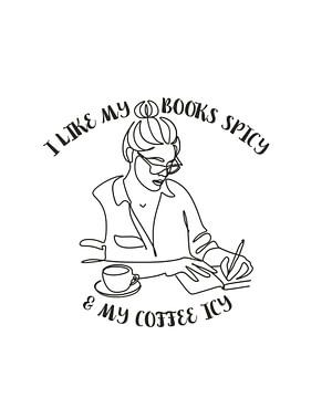 Frau mit Buch am Schreibtisch die gerne liest und Kaffee trinkt von ArtDesign by KBK